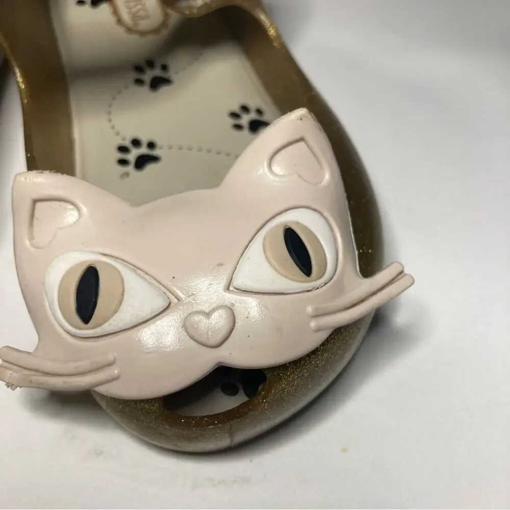 Mini Melissa Ultragirl Glitter Gold Kitty Cat Mary Jane Jelly Flats Shoes